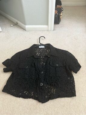 Lace Crop Button-Up Top in Black -